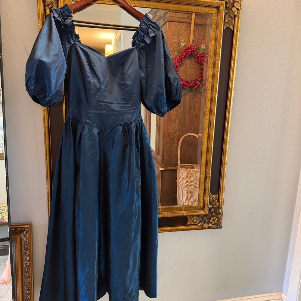 Vintage Jessica Mcluntock style Teal Off-Shoulder Dress with bow - Picture 6 of 11